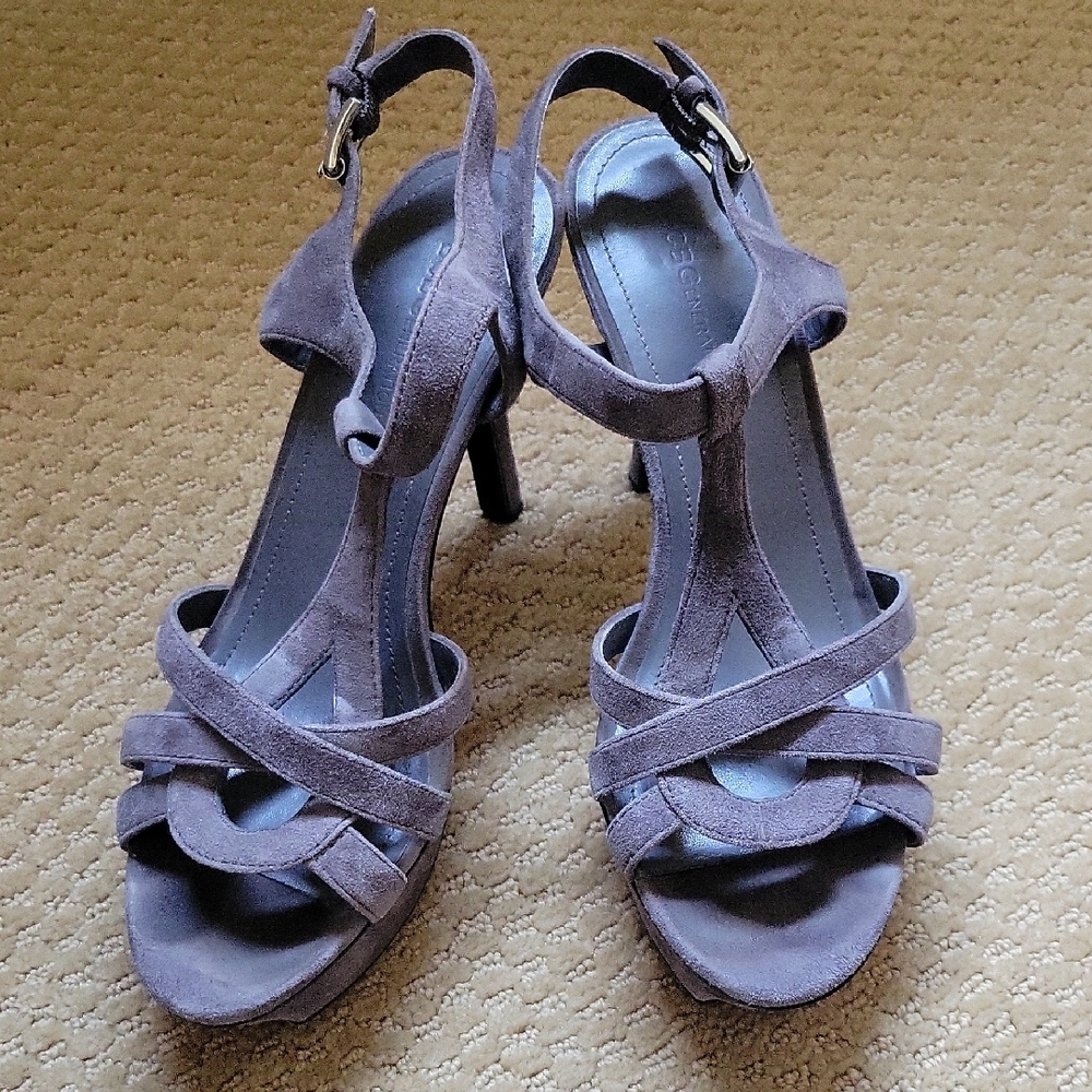 BCBGeneration Gray Strappy Heels with Ruffled Details